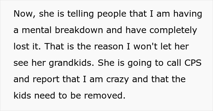 Text showing a woman explaining her mom is threatening to call CPS and falsely claiming she is having a mental breakdown. Text showing a woman explaining her mom is threatening to call CPS and falsely claiming she is having a mental breakdown.