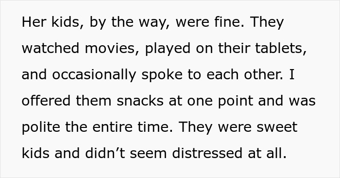 Text excerpt describing well-behaved kids on a long flight with polite interactions and no distress.