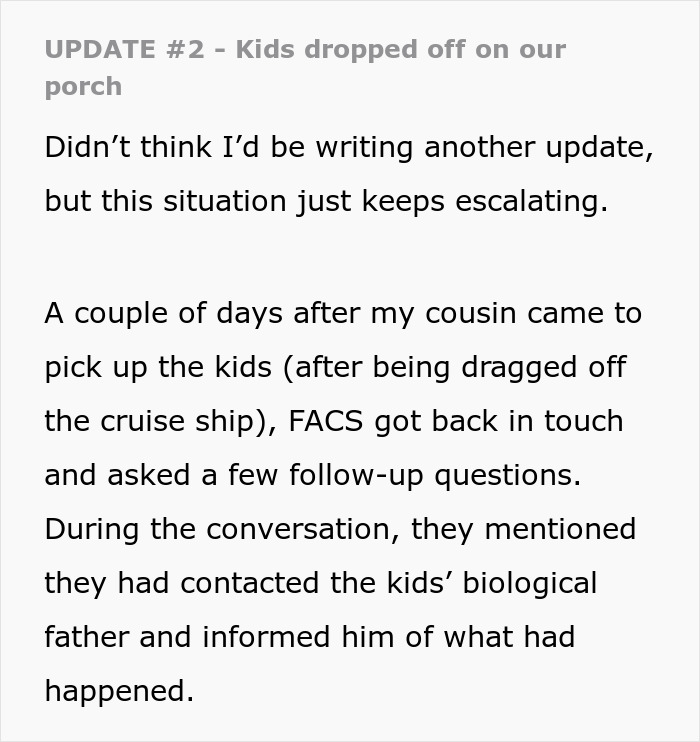 Text update about kids dropped off on porch, revealing poor parenting and potential custody issues after cousin babysits.