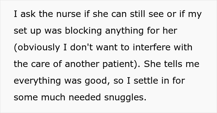 Text excerpt from a new mom’s story showing a nurse confirming the NICU setup is not blocking care or view. Text excerpt from a new mom’s story showing a nurse confirming the NICU setup is not blocking care or view.