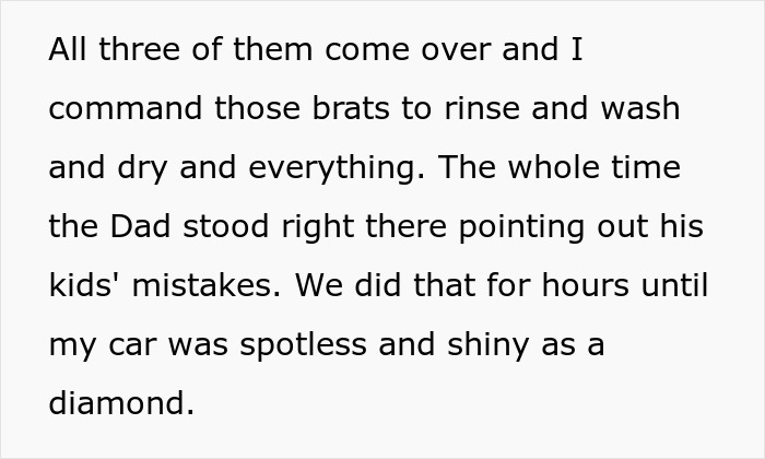 Text describing washing and waxing after throwing eggs at a car, emphasizing hours of cleaning and making it shiny.