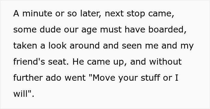 Text excerpt showing a person being told to move their stuff or face consequences while traveling toward a final destination.