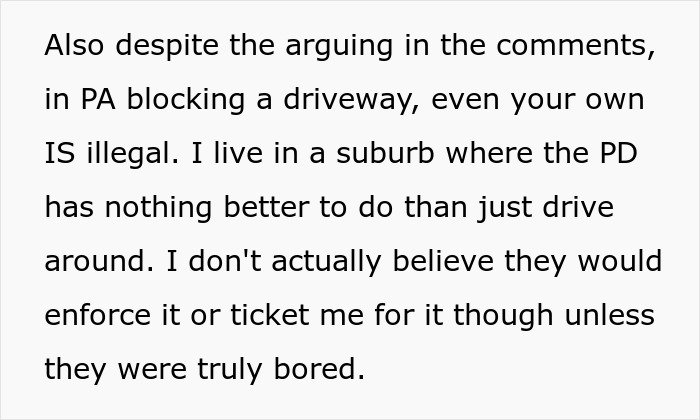 Text discussing the illegality of blocking driveways in PA and local police enforcement in suburban areas. Text discussing the illegality of blocking driveways in PA and local police enforcement in suburban areas.