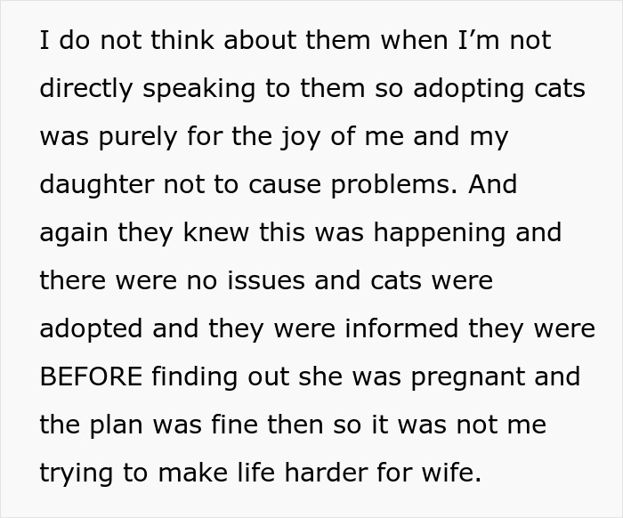 Text discussing adopting cats for joy not causing problems despite wife's allergy and pregnancy in man demands ex rehomes cats.