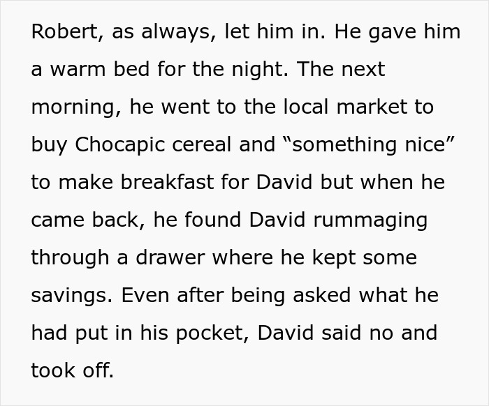 Text passage describing a guy discovering his childhood friend robbed a kind old man and deciding to turn him in.