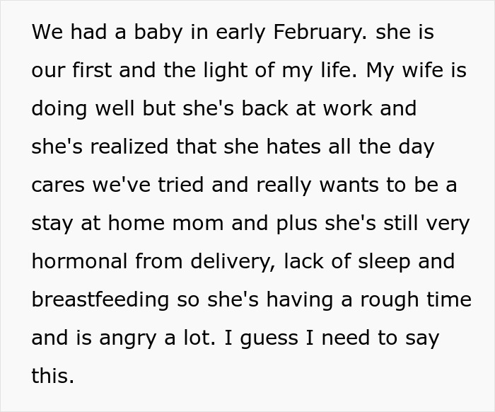 Text excerpt discussing postpartum challenges and wife&rsquo;s desire to be a stay-at-home mom after having a baby.