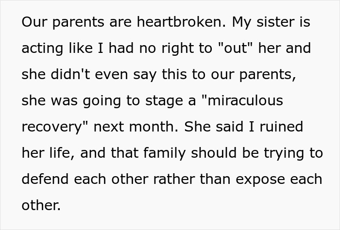 Text describing family conflict after exposing sister’s fake cancer to their parents, causing heartbreak and tension. Text describing family conflict after exposing sister’s fake cancer to their parents, causing heartbreak and tension.