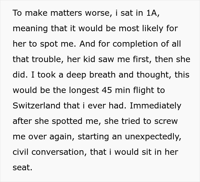Text describing an entitled mother insisting on paying for an upgrade during a flight seating dispute.