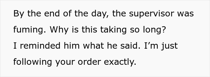 Text excerpt showing a supervisor frustrated with a slow process while an employee insists they are following the manager's order exactly.