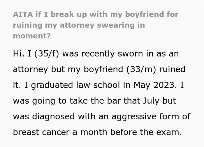 Woman recently sworn in as attorney looks upset reflecting on boyfriend swearing moment that spoiled the event.