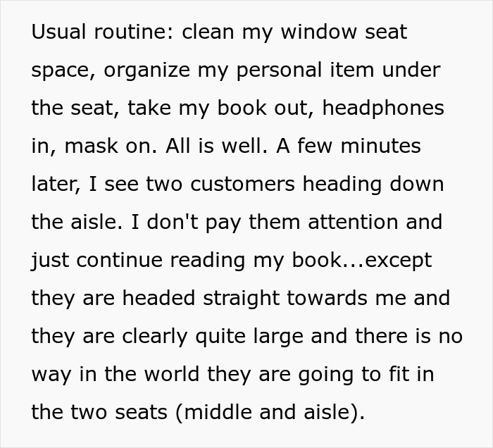 Text describing a flight seat dispute involving an obese woman and a passenger, with a flight attendant intervening.