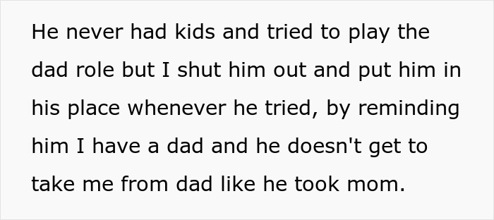 Text showing a daughter explaining she shut out her mom&rsquo;s affair partner trying to take a dad role after her father passed.