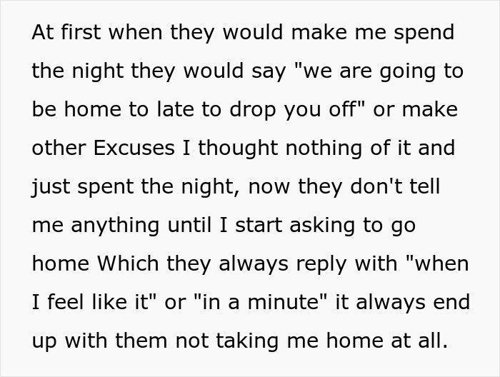 Text showing a teen girl struggle babysit step siblings as she is kept overnight without clear plans to go home. Text showing a teen girl struggle babysit step siblings as she is kept overnight without clear plans to go home.