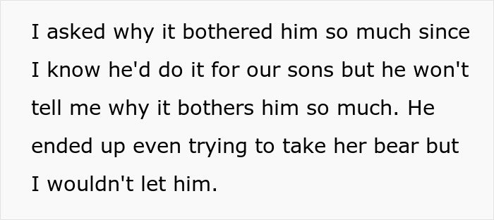 Text excerpt showing a conversation about a man upset after leaving out daughter from boys trip and his wife&rsquo;s special day out.