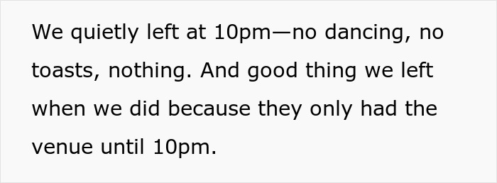 Text excerpt describing a chaotic wedding experience with no dancing or toasts, venue closing at 10pm.
