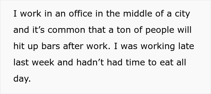 Text excerpt from a person describing working late in a city office and common after-work bar visits. Text excerpt from a person describing working late in a city office and common after-work bar visits.