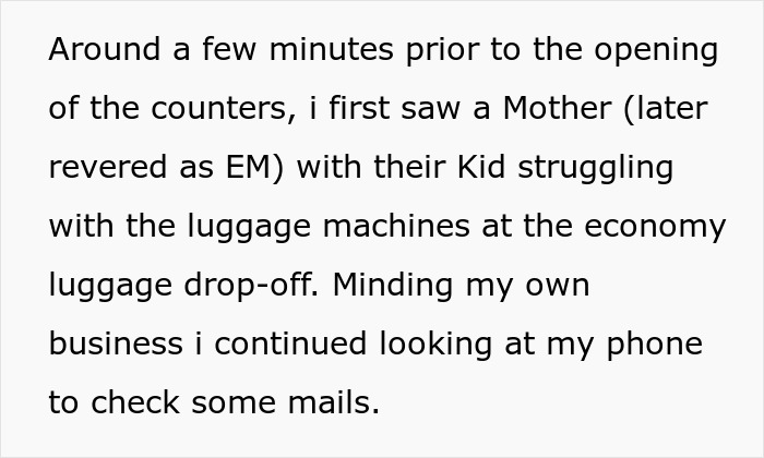 Mother insists paying upgrade while struggling with luggage machines at economy drop-off area before counters open.