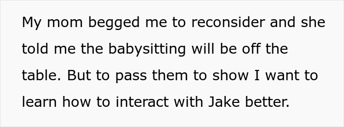 Text excerpt about a 17-year-old resisting babysitting autistic stepbrother and refusing related classes. Text excerpt about a 17-year-old resisting babysitting autistic stepbrother and refusing related classes.