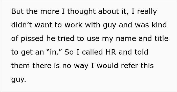 Text excerpt about refusing to give a job referral to a guy after divorce who ghosted his friend.