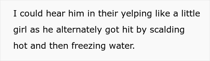 Text excerpt describing a guy teaching his homophobic brother-in-law a lesson using a perfectly timed shower trick.