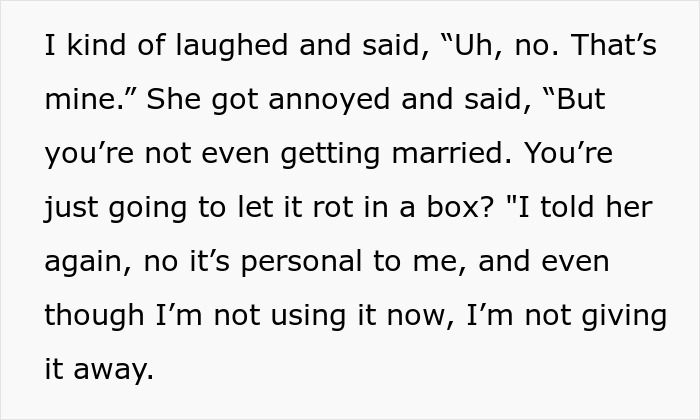 Woman explaining to her sister why she won&rsquo;t give away her wedding dress, sparking wedding dress sisters drama.