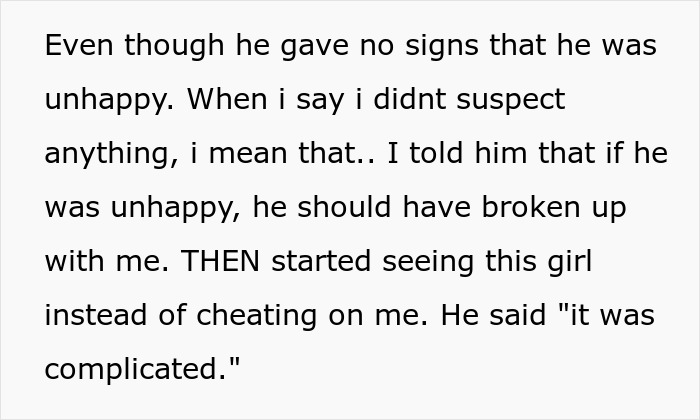 Text excerpt showing a woman revealing her cheating boyfriend and confronting the complicated situation at his house.