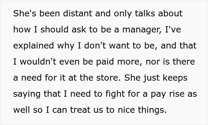 Text showing girlfriend behaviour change with distant attitude and focus on partner asking for a pay rise to improve relationship.