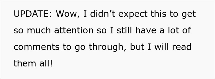 Text update on a white background about reading many comments, related to sister sabotaging birthday dinner story. Text update on a white background about reading many comments, related to sister sabotaging birthday dinner story.