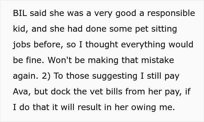 Text showing a discussion about refusing to pay a cat-sitter due to vet bills and past pet sitting experience.
