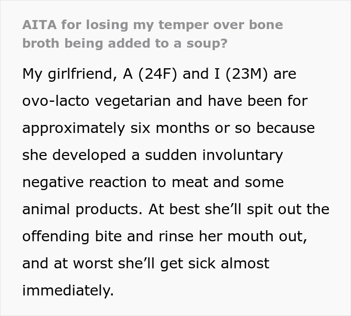 Text about a meat-allergic woman reacting to bone broth added to her soup by a friend unaware she&rsquo;s vegetarian.