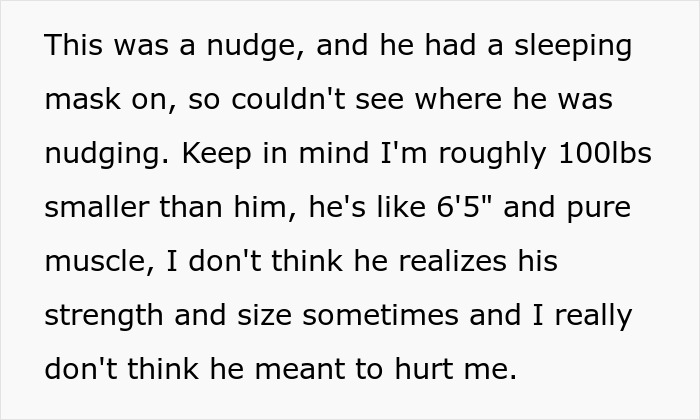 Man reacts to yawning by elbowing fianc&eacute;e who is sleeping, causing her to snap and leave the bedroom abruptly.