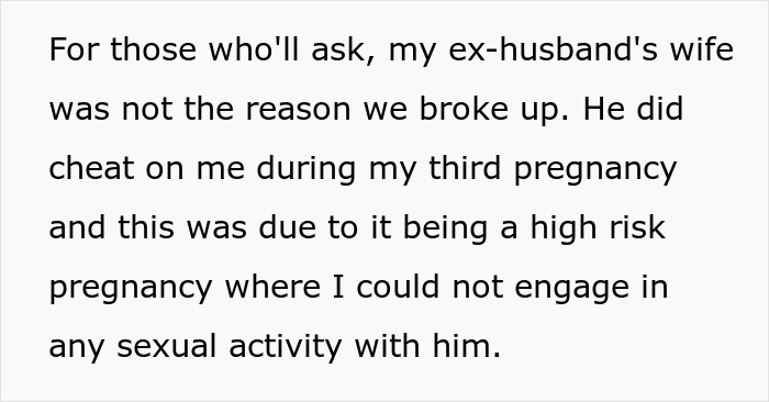 Text explaining a high risk pregnancy and relationship issues involving an ex-husband and his wife.