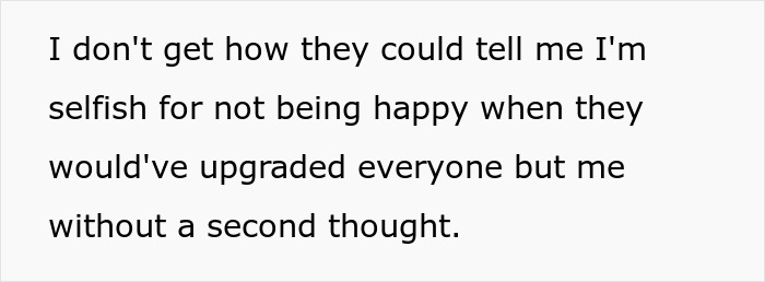 Text post expressing frustration about family vacation when dad upgrades one kid to business class and others must deal with it. Text post expressing frustration about family vacation when dad upgrades one kid to business class and others must deal with it.