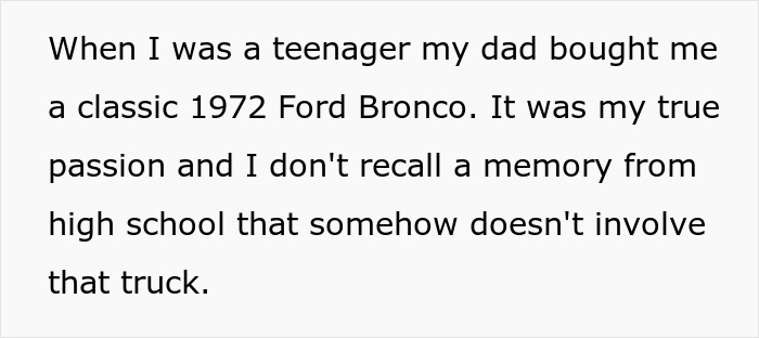 Text about a man&rsquo;s passion for a classic 1972 Ford Bronco linked to high school memories.