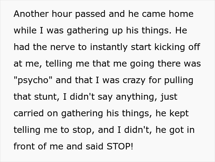 Text describing a woman confronting her cheating boyfriend, who calls her crazy and a psycho during the encounter.