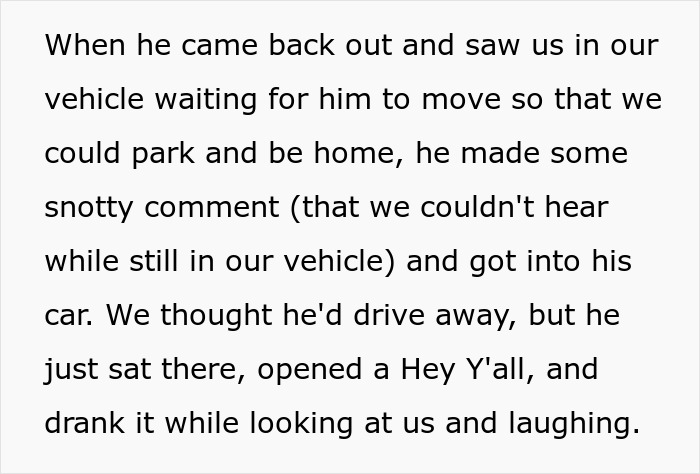 Text excerpt describing a man blocking a garage, making rude comments, and mocking the waiting family in their vehicle.