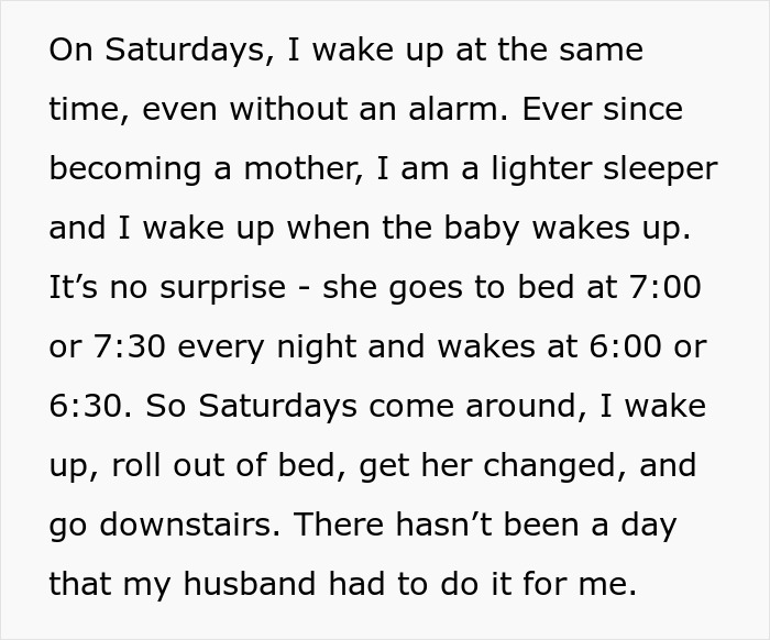 Wife sacrifices sleep while husband enjoys lazy mornings, creating a one-sided effort in Sunday deal.