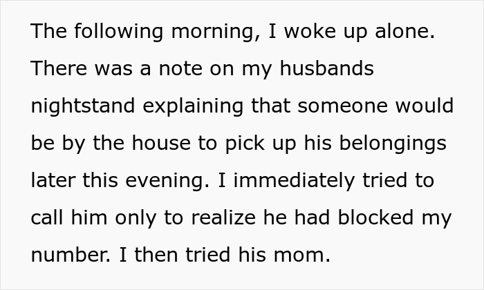 Text excerpt describing a woman waking up alone, finding a note about her husband leaving, indicating conflict involving pregnant daughter-in-law and divorce.