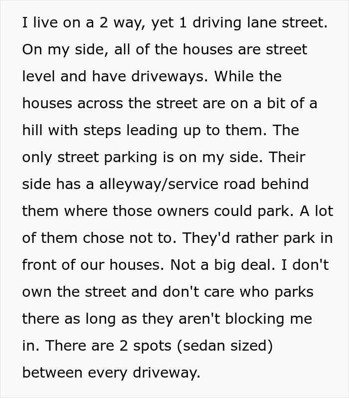 Text excerpt describing street parking situation with neighbors refusing to move cars from public spots causing parking conflict. Text excerpt describing street parking situation with neighbors refusing to move cars from public spots causing parking conflict.