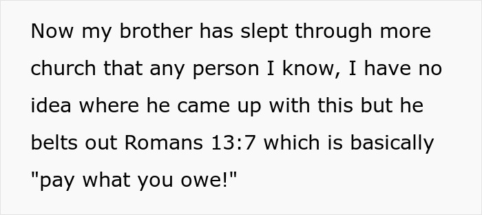 Text excerpt discussing a religious couple and a Bible-based revenge plan involving payment and Romans 13:7. Text excerpt discussing a religious couple and a Bible-based revenge plan involving payment and Romans 13:7.