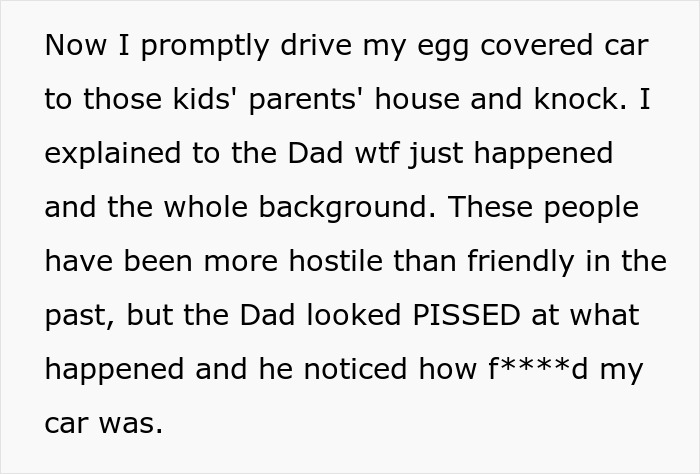 Text excerpt describing a person driving an egg-covered car to confront kids' parents about the damage to the vehicle.
