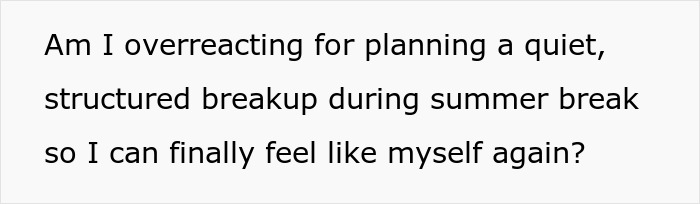 Text asking if planning a quiet, structured breakup during summer break to restore peace at home is overreacting. Text asking if planning a quiet, structured breakup during summer break to restore peace at home is overreacting.