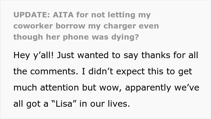 Text post discussing a coworker famous for not returning items and refusing to share a charger, causing a tantrum. Text post discussing a coworker famous for not returning items and refusing to share a charger, causing a tantrum.