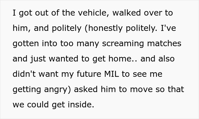 Text excerpt showing a polite request during a confrontation involving a guy blocking a garage and swearing at a woman&rsquo;s family.