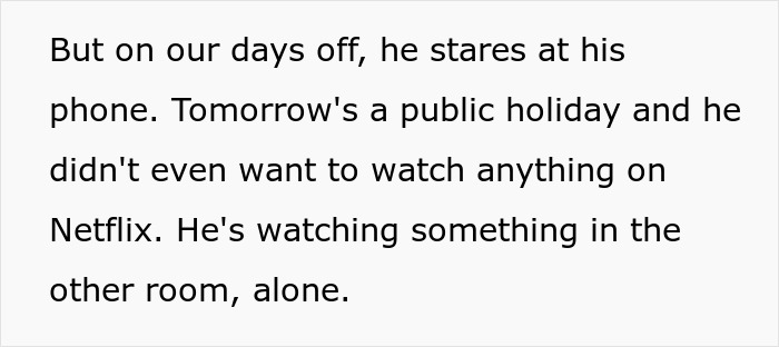 Man’s slow change in behavior shown by him staring at phone alone, causing wife to question their marriage’s boring point. Man’s slow change in behavior shown by him staring at phone alone, causing wife to question their marriage’s boring point.