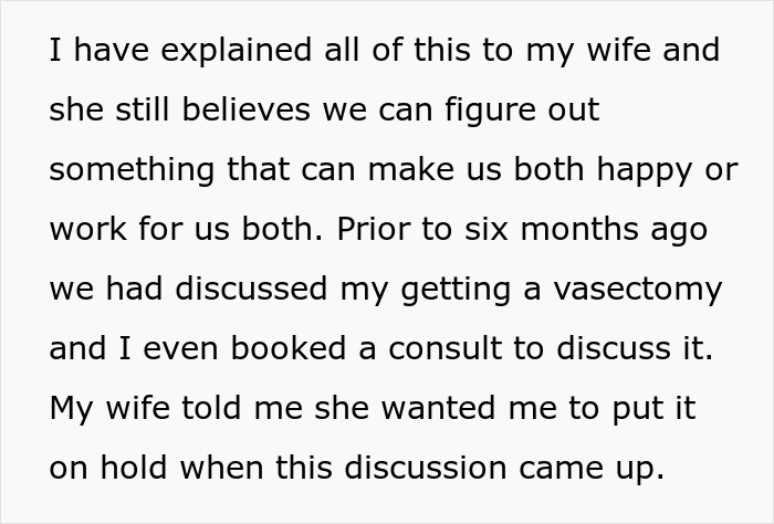 Text excerpt describing a husband’s discussion with wife obsessed with having more kids and vasectomy plans. Text excerpt describing a husband’s discussion with wife obsessed with having more kids and vasectomy plans.