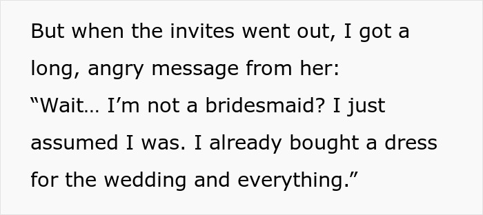 Text message discussing confusion and anger after being cut from bridesmaid role despite buying a dress and preparing for wedding. Text message discussing confusion and anger after being cut from bridesmaid role despite buying a dress and preparing for wedding.