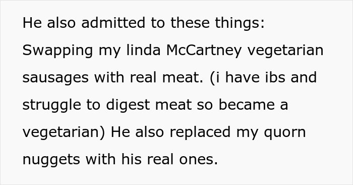 Text excerpt about swapping vegetarian food with real meat, discussing IBS and dietary changes by a couple over time.