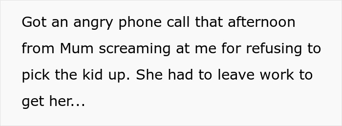 Text excerpt showing a woman listed as emergency contact refuses to pick up a kid despite angry phone call.