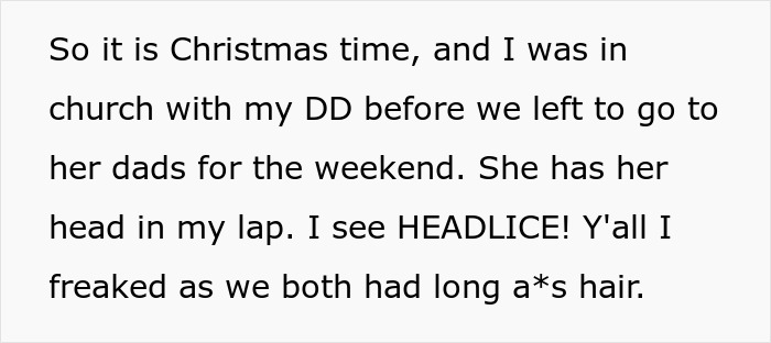Text excerpt describing a mom discovering head lice on her daughter before visiting her dad, related to MIL reports and CPS.